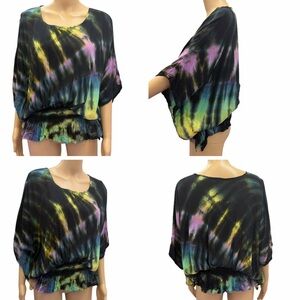 Womens Tie Dye Batwing Elastic Waist Lightweight Blouse Size Small to Medium